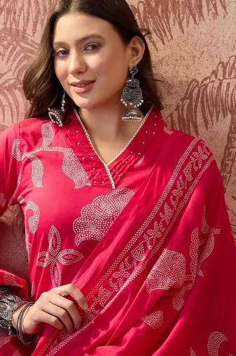 Pink cotton printed kurta & trousers with dupatta set for women