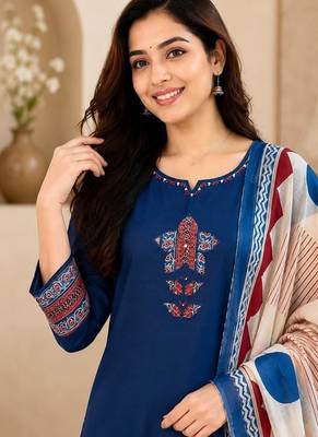 Pure cotton ethnic print blue kurta & pant with dupatta set for women 5