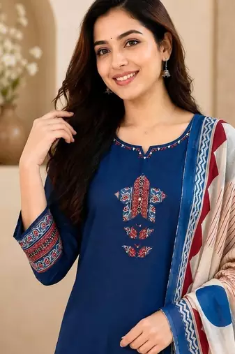 Pure cotton ethnic print blue kurta & pant with dupatta set for women