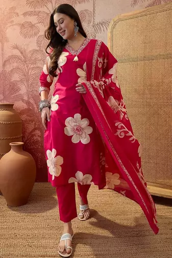 Pink cotton floral print kurta & trousers with dupatta set for women