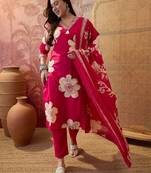 Pink cotton floral print kurta & trousers with dupatta set for women