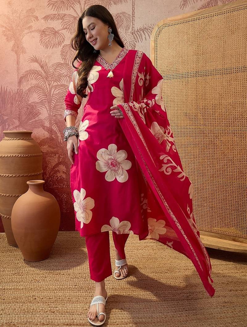 Pink cotton floral print kurta & trousers with dupatta set for women