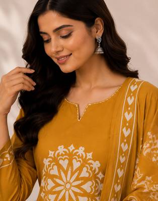 Pure cotton floral print mustard kurta & pant with dupatta set for women 2