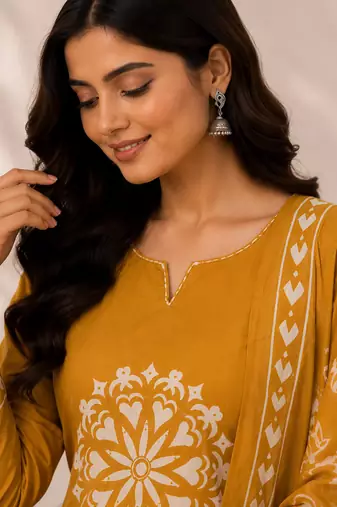 Pure cotton floral print mustard kurta & pant with dupatta set for women