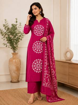 Pure cotton floral print pink kurta & pant with dupatta set for women 1