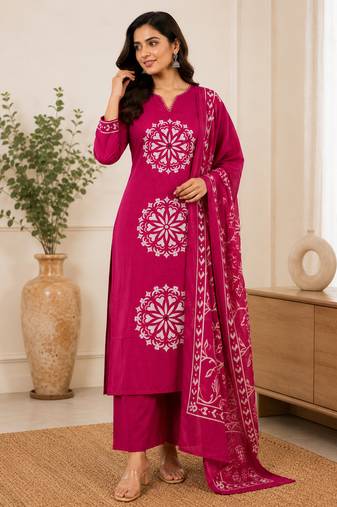 Pure cotton floral print pink kurta & pant with dupatta set for women