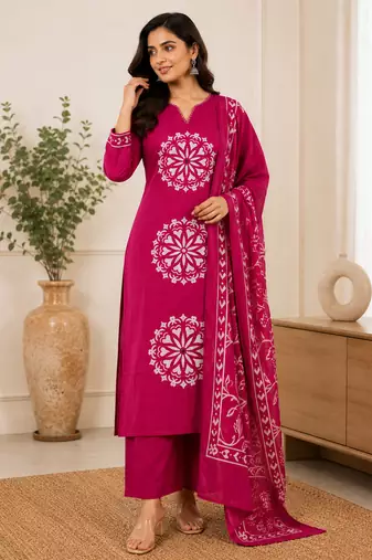 Pure cotton floral print pink kurta & pant with dupatta set for women