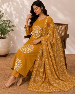 Pure cotton floral print mustard kurta & pant with dupatta set for women 3