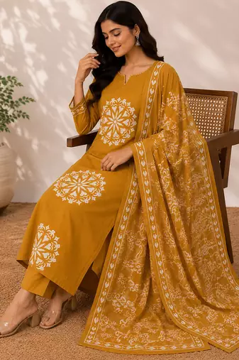 Pure cotton floral print mustard kurta & pant with dupatta set for women