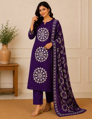 Pure cotton floral print purple kurta & pant with dupatta set for women 1