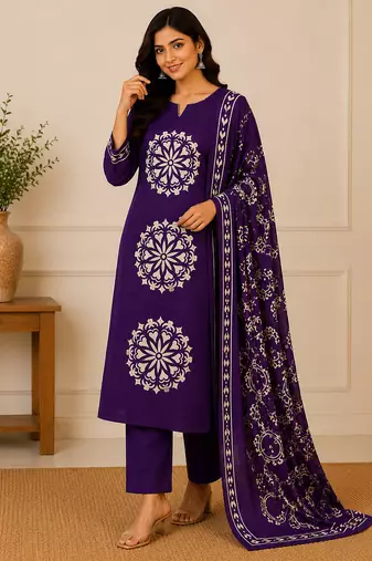 Pure cotton floral print purple kurta & pant with dupatta set for women