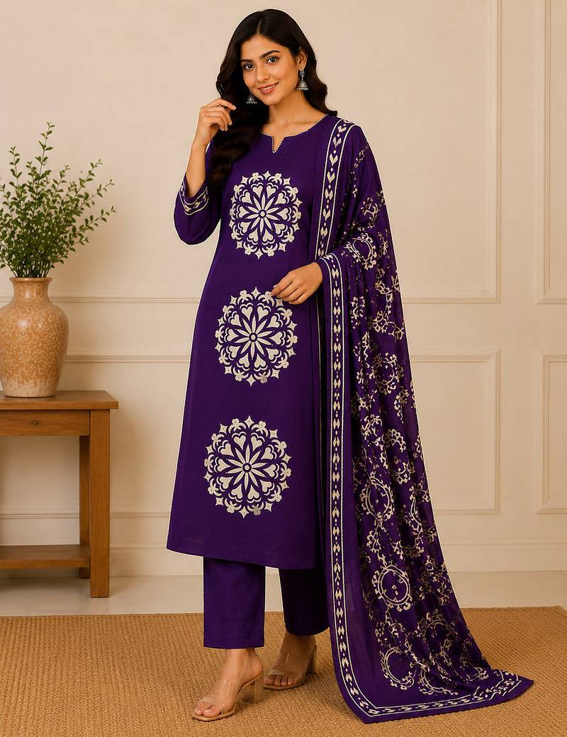 Pure cotton floral print purple kurta & pant with dupatta set for women