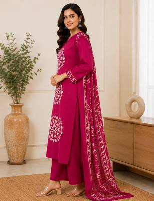 Pure cotton floral print pink kurta & pant with dupatta set for women 3