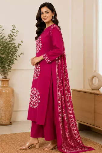 Pure cotton floral print pink kurta & pant with dupatta set for women