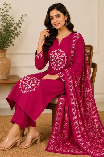 Pure cotton floral print pink kurta & pant with dupatta set for women