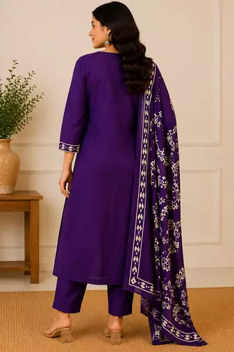 Pure cotton floral print purple kurta & pant with dupatta set for women