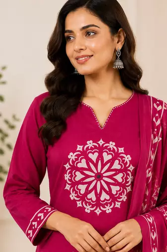 Pure cotton floral print pink kurta & pant with dupatta set for women