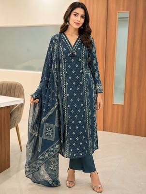 Pure cotton printed teal blue kurta & pant with dupatta set for women 1