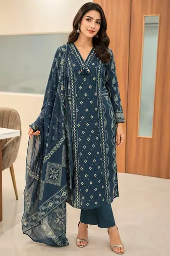 Pure cotton printed teal blue kurta & pant with dupatta set for women