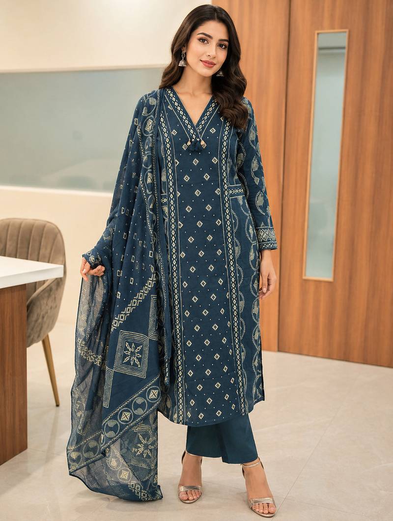 Pure cotton printed teal blue kurta & pant with dupatta set for women