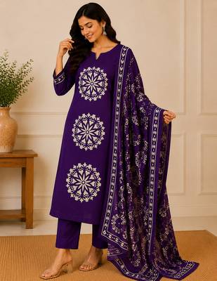 Pure cotton floral print purple kurta & pant with dupatta set for women 3