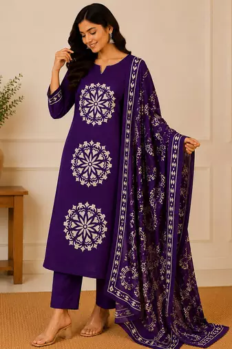 Pure cotton floral print purple kurta & pant with dupatta set for women