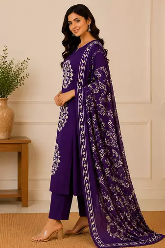 Pure cotton floral print purple kurta & pant with dupatta set for women