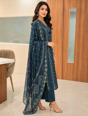 Pure cotton printed teal blue kurta & pant with dupatta set for women 2