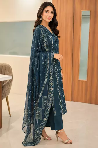 Pure cotton printed teal blue kurta & pant with dupatta set for women