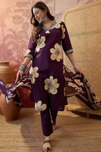 Purple cotton floral print kurta & trousers with dupatta set for women