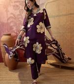 Purple cotton floral print kurta & trousers with dupatta set for women
