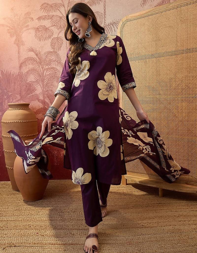 Purple cotton floral print kurta & trousers with dupatta set for women
