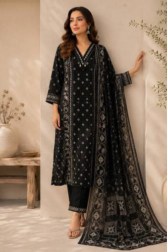 Pure cotton printed black kurta & pant with dupatta set for women