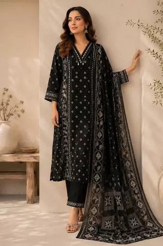 Pure cotton printed black kurta & pant with dupatta set for women