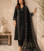 Pure cotton printed black kurta & pant with dupatta set for women