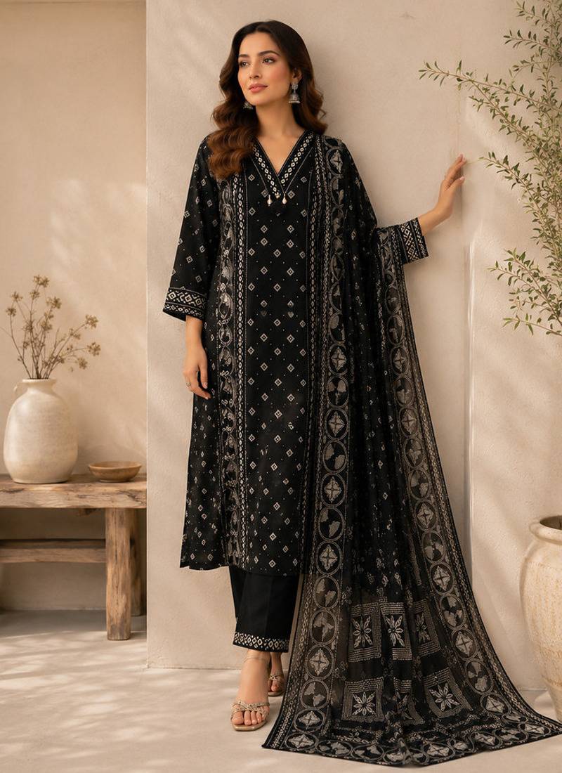 Pure cotton printed black kurta & pant with dupatta set for women