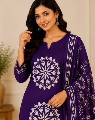 Pure cotton floral print purple kurta & pant with dupatta set for women 5