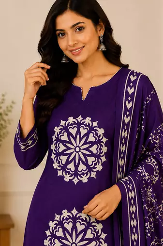 Pure cotton floral print purple kurta & pant with dupatta set for women