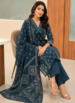 Pure cotton printed teal blue kurta & pant with dupatta set for women 4