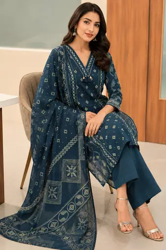 Pure cotton printed teal blue kurta & pant with dupatta set for women