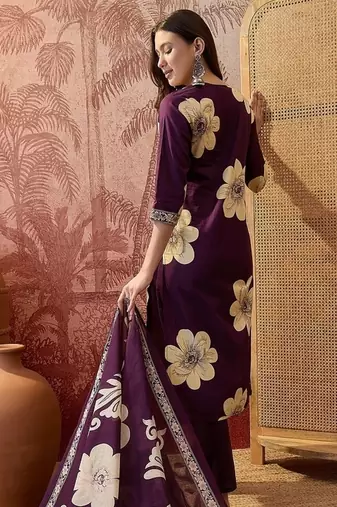 Purple cotton floral print kurta & trousers with dupatta set for women