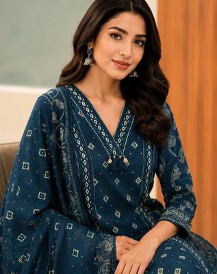 Pure cotton printed teal blue kurta & pant with dupatta set for women 5