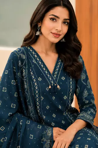 Pure cotton printed teal blue kurta & pant with dupatta set for women