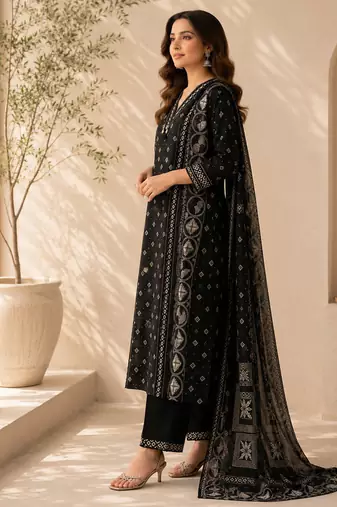 Pure cotton printed black kurta & pant with dupatta set for women
