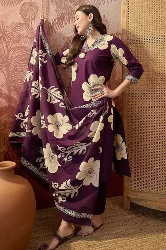 Purple cotton floral print kurta & trousers with dupatta set for women