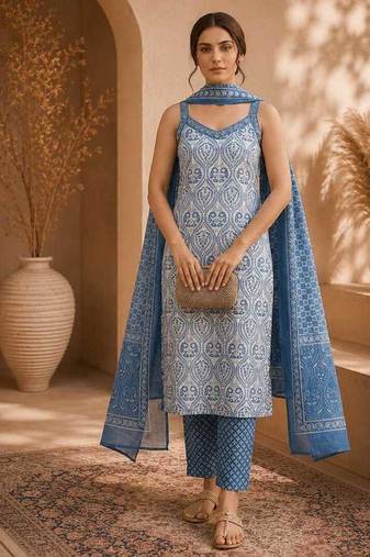 Blue & white pure cotton kurta, pant & dupatta set for women