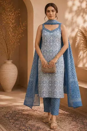 Blue & white pure cotton kurta, pant & dupatta set for women