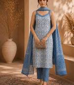 Blue & white pure cotton kurta, pant & dupatta set for women