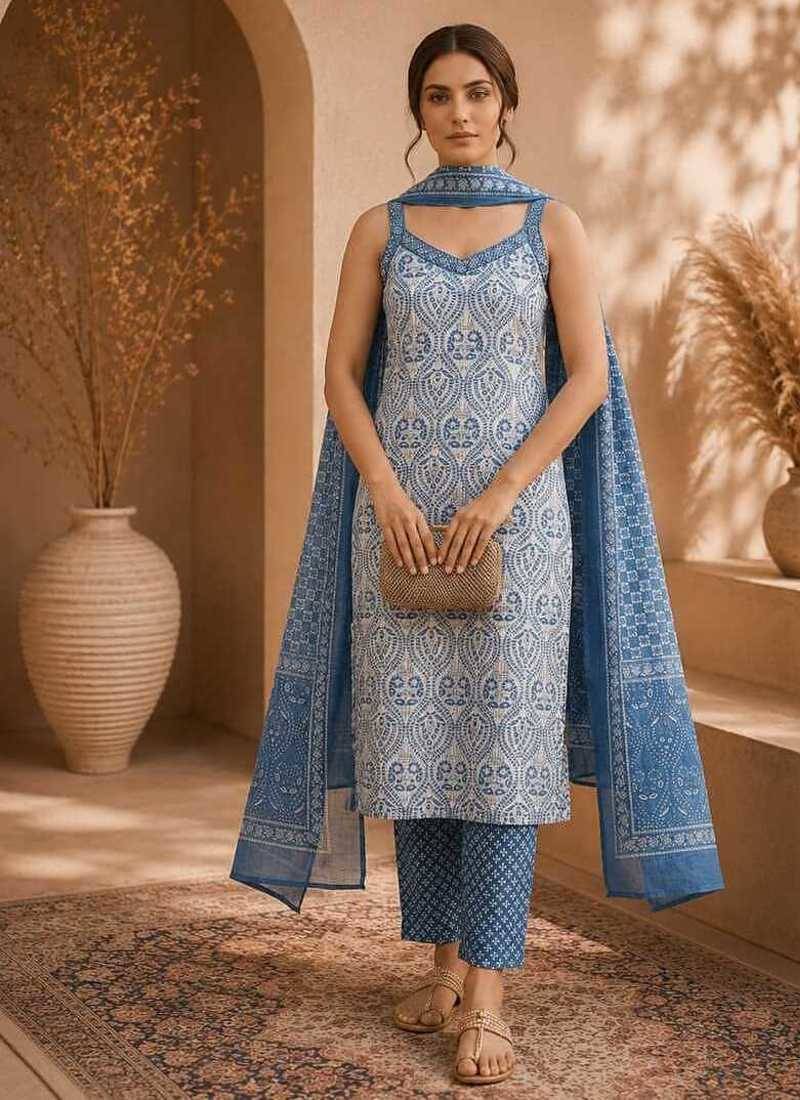Blue & white pure cotton kurta, pant & dupatta set for women