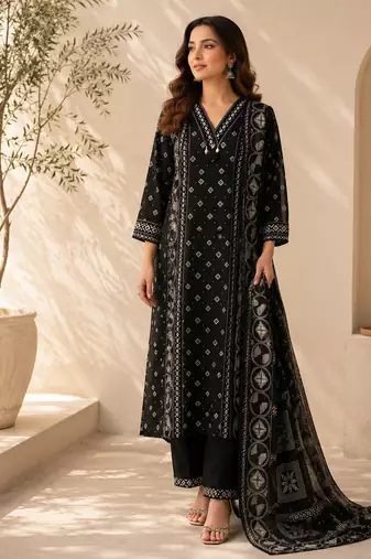 Pure cotton printed black kurta & pant with dupatta set for women